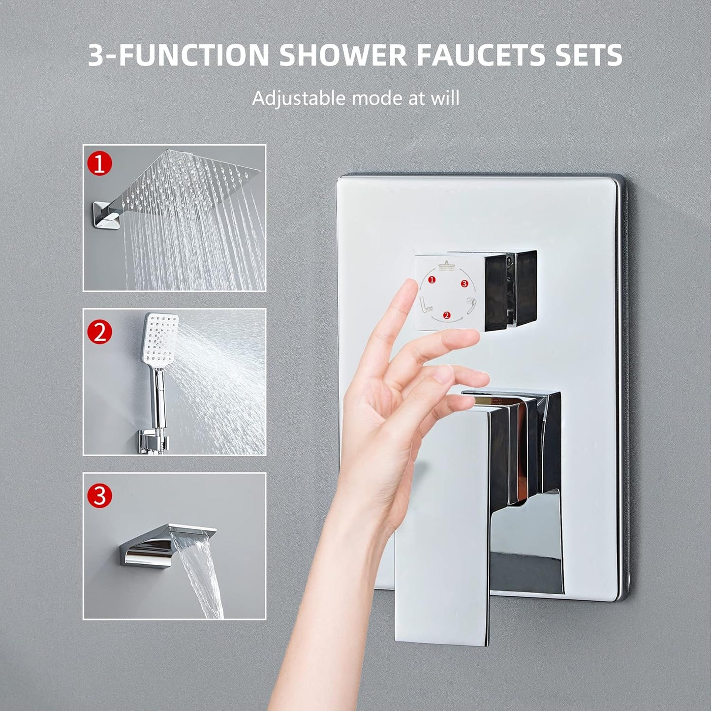 LCEVCGK Shower Faucet Set Complete Matte Black Shower System with 8 inch Square Rainfall Shower Head 3-Function Handheld Shower Waterfall Bathtub Spout Rain Shower Combo Set Bathroom Wall Mounted