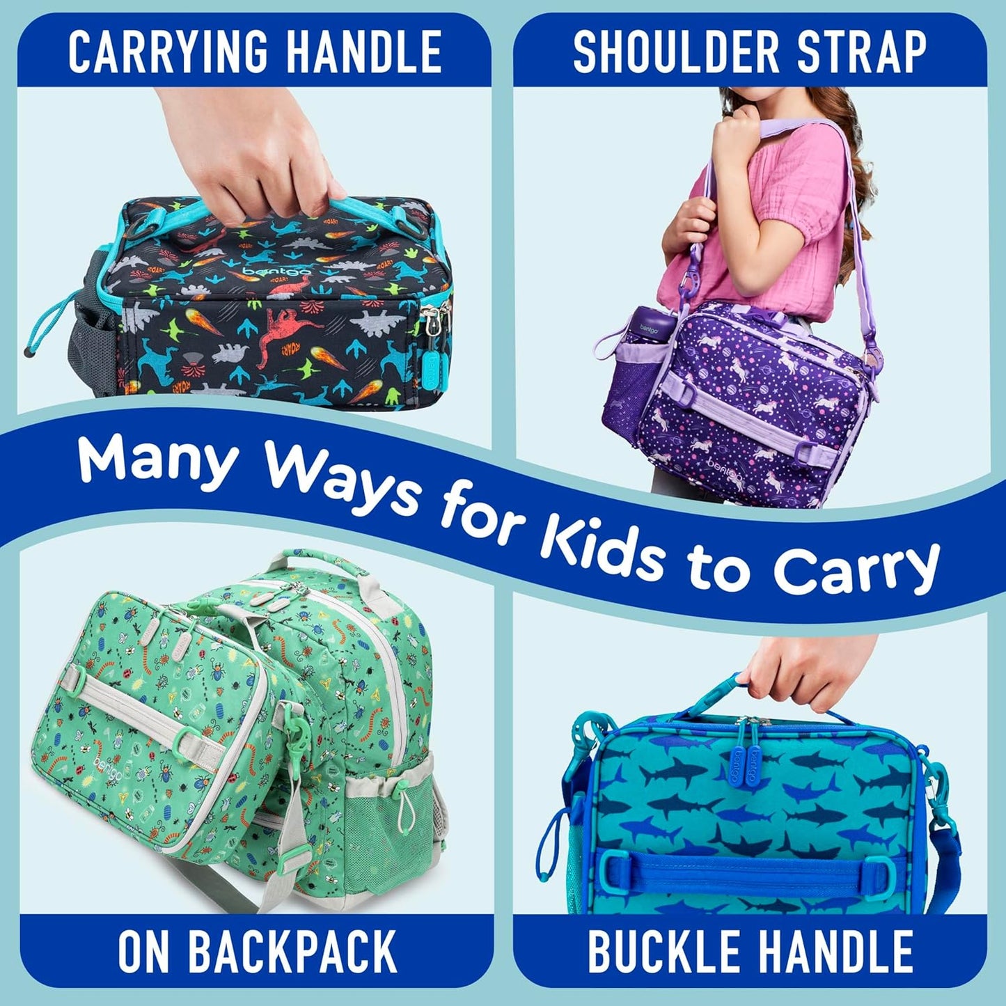 Bentgo® Kids Lunch Bag - Durable, Double Insulated, Water-Resistant Fabric, Interior & Exterior Zippered Pockets, Water Bottle Holder - Ideal for Children 3+ (Shark)
