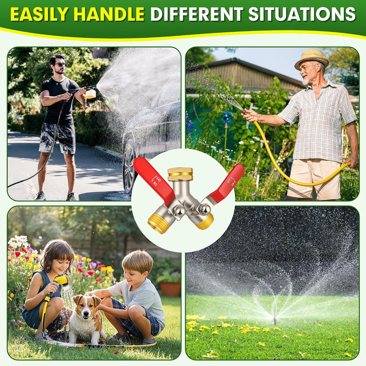 Hose Splitter 2 Way, Garden Hose Splitters, 3/4” GHT Inlet Brass Heavy Duty Hose Converter, Water 2 Way Faucet Hose Splitter, Long Handle Hose Valve Large Outlet.