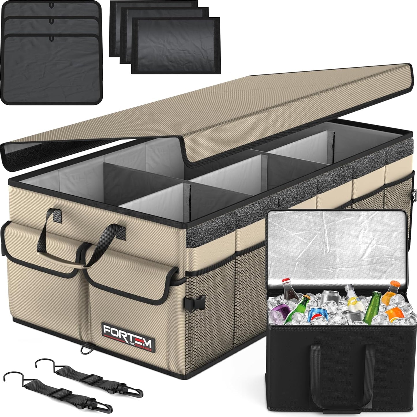 FORTEM Car Trunk Organizer, Collapsible Multi Compartment Car Organizer, Foldable SUV Storage for Car Accessories for Women Men, Non Slip Bottom, Securing Straps, Soft Cover 50L (Black, Standard)