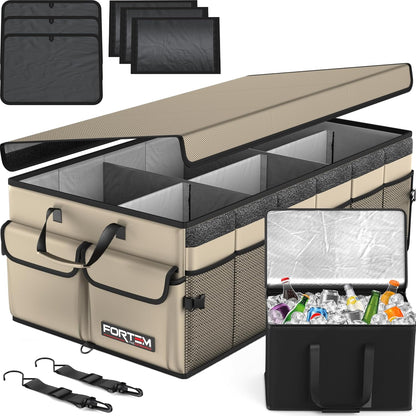 FORTEM Car Trunk Organizer, Collapsible Multi Compartment Car Organizer, Foldable SUV Storage for Car Accessories for Women Men, Non Slip Bottom, Securing Straps, Soft Cover 50L (Black, Standard)