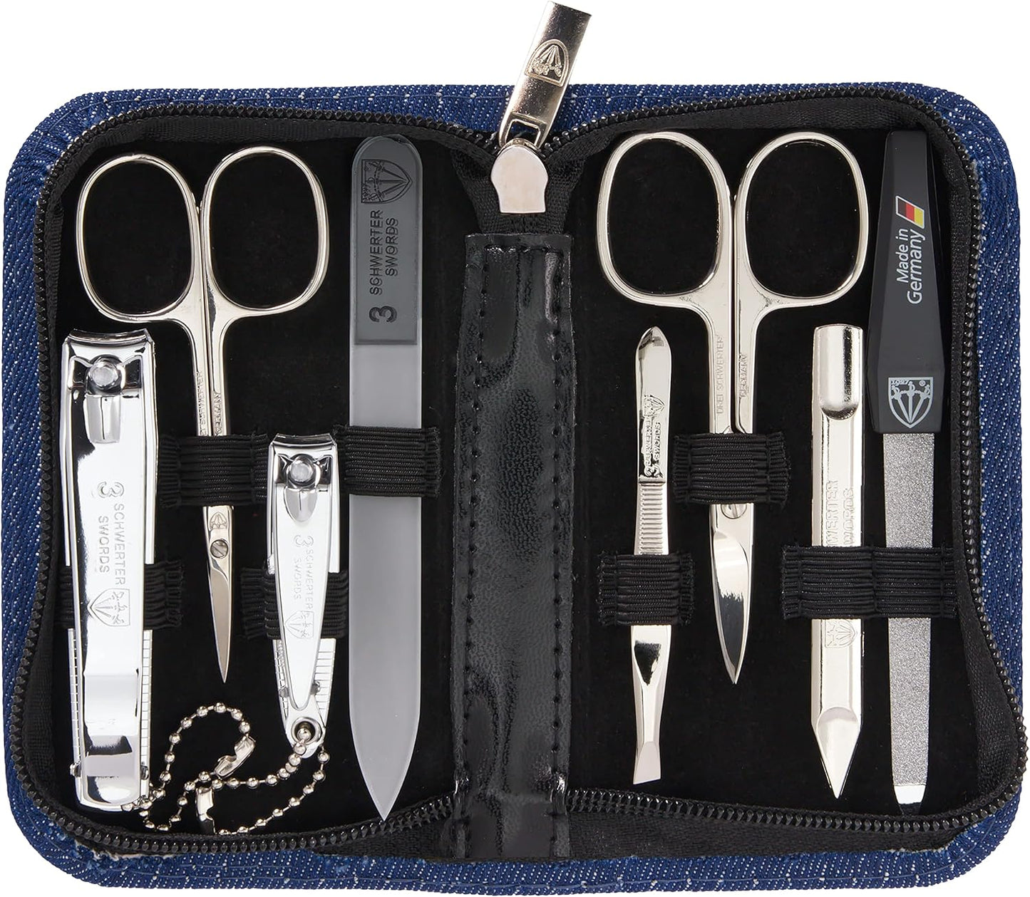 3 Swords Germany - brand quality 8 piece manicure pedicure grooming kit set for professional finger & toe nail care scissors clipper fashion leather case camou in gift box, Made in Germany