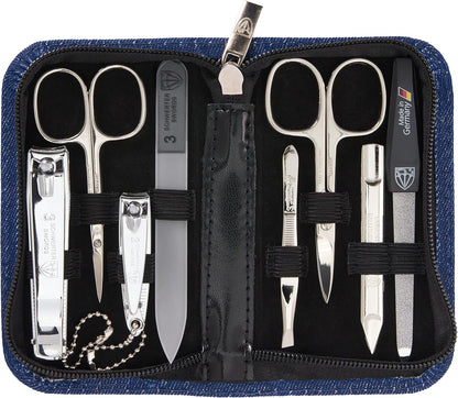 3 Swords Germany - brand quality 8 piece manicure pedicure grooming kit set for professional finger & toe nail care scissors clipper fashion leather case camou in gift box, Made in Germany