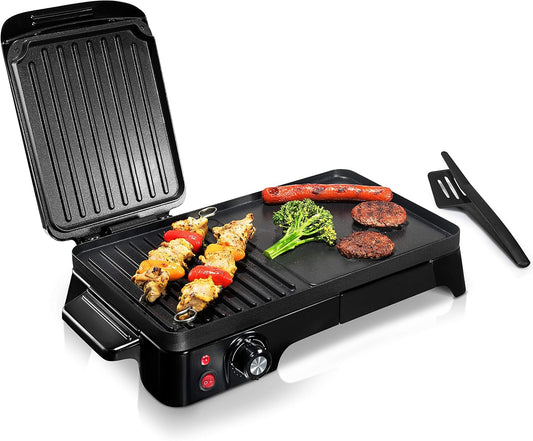NutriChef Electric Griddle - Dual Hot Plate Cooktop Crepe Maker with Press Grill, Nonstick Coating, Rotary Temperature Control, Plug-in Operation & Oil Tray for Kitchen & Countertop (PKGRIL43)