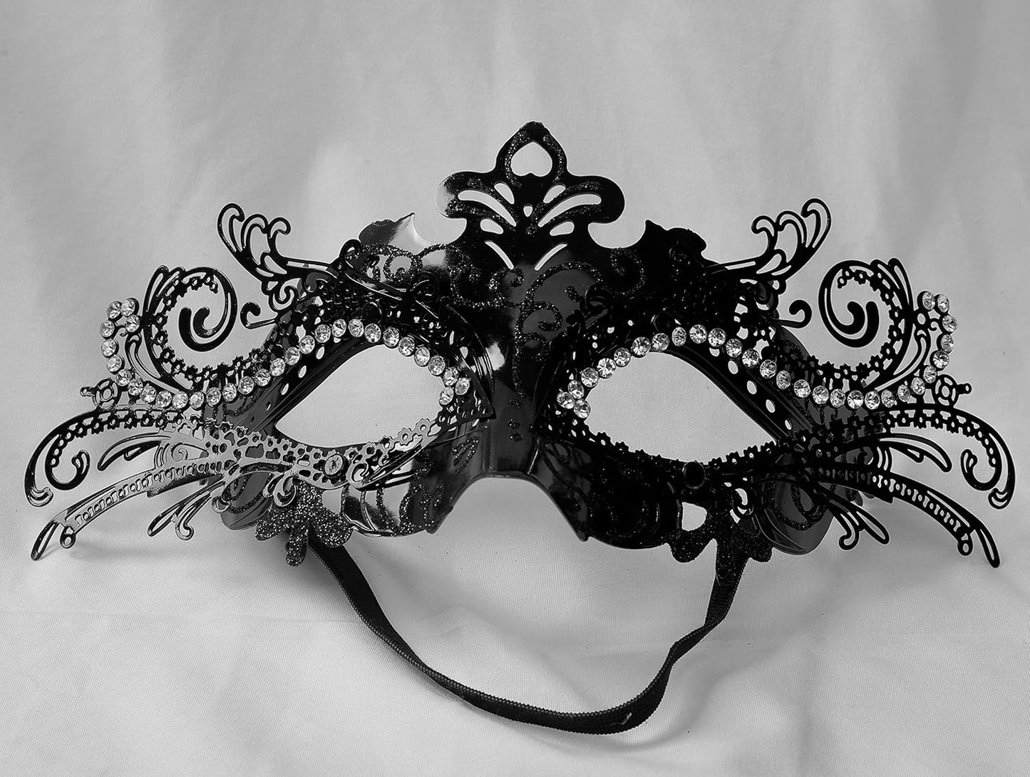 DIOLUF Masquerade Mask for Women Metal Mask Shiny Rhinestone Venetian Party Evening Prom Ball Mask Bar Costumes Accessory, Black and White, 9.05in**3.54in*3.14in