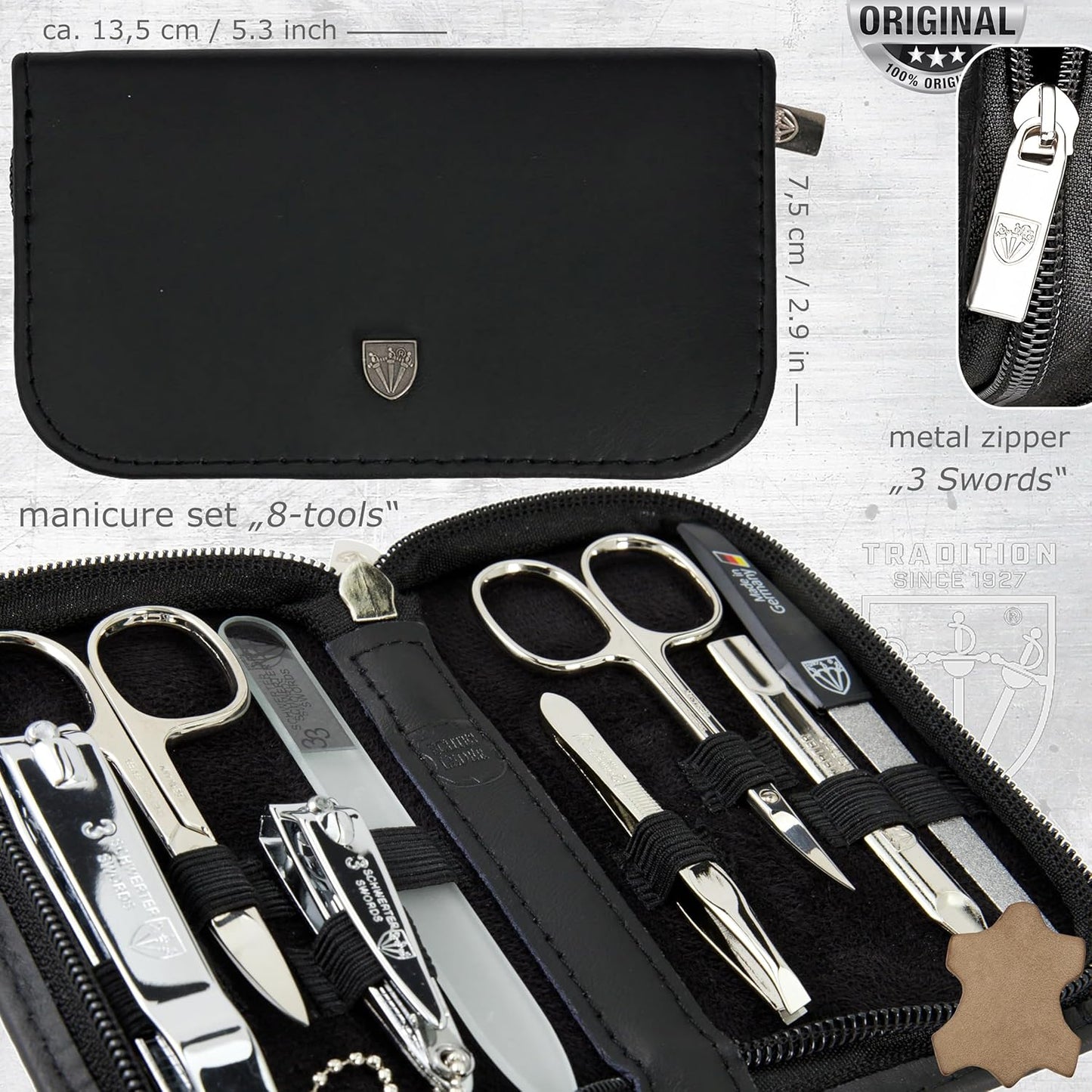 3 Swords Germany - brand quality 8 piece manicure pedicure grooming kit set for professional finger & toe nail care scissors clipper fashion leather case camou in gift box, Made in Germany