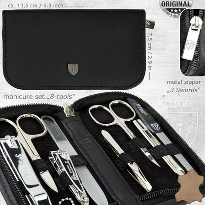3 Swords Germany - brand quality 8 piece manicure pedicure grooming kit set for professional finger & toe nail care scissors clipper fashion leather case camou in gift box, Made in Germany
