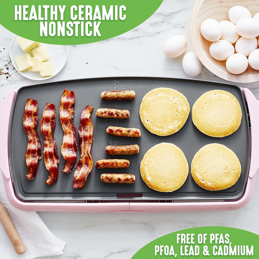 GreenLife Healthy Ceramic Nonstick, Extra Large 20" Electric Griddle for Pancakes Eggs Burgers and More, Stay Cool Handles, Removable Drip Tray, Adjustable Temperature Control, PFAS-Free, Soft Pink - PuriLite