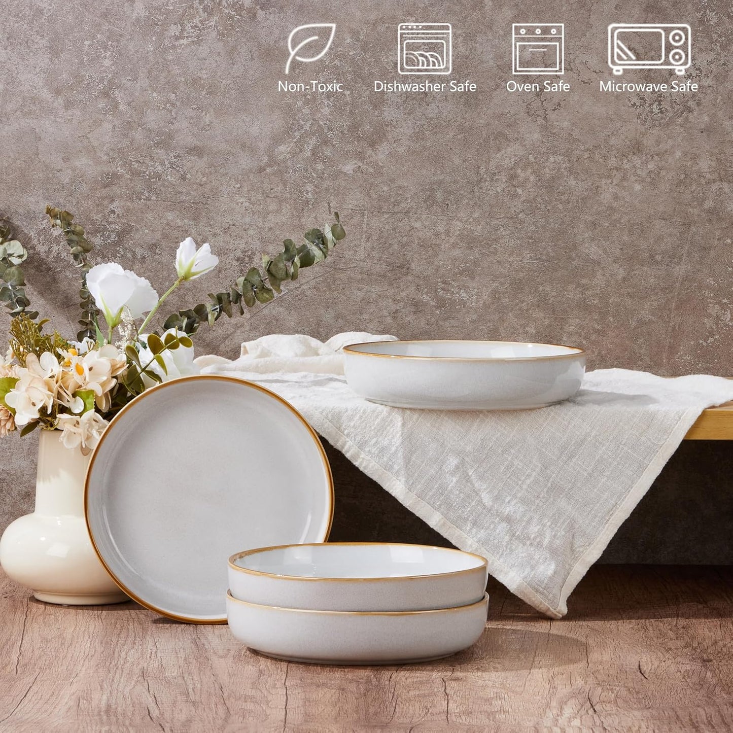 E-far Pasta Bowls Set of 4, 35oz Large Salad Bowls for Serving, Wide and Shallow Ceramic Bowls Plates for Pasta, Double Reactive Glaze, Microwave and Dishwasher Safe, Seashell White