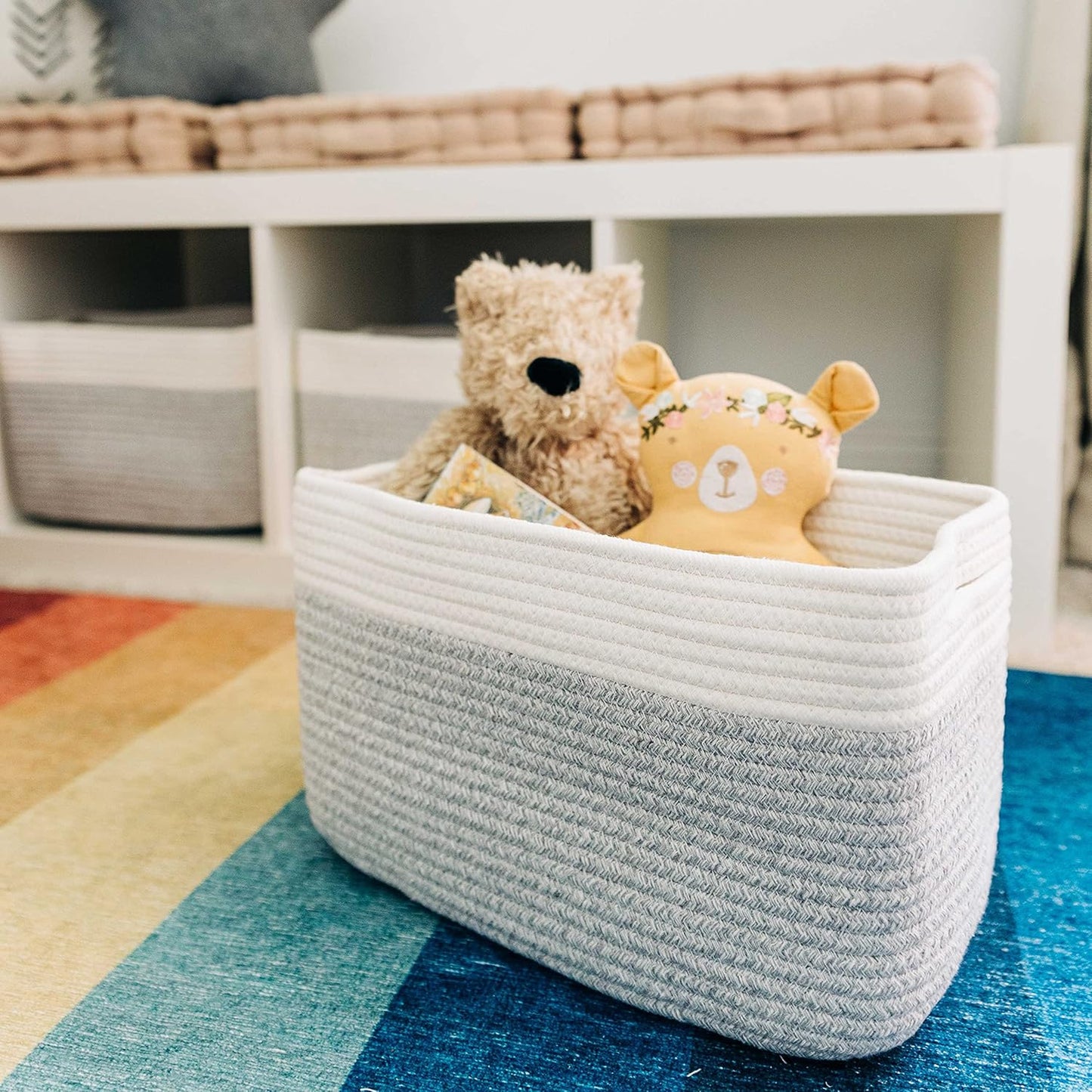 OrganiHaus Soft Woven Baskets for Storage Organization Set of 3, Cotton Rope Nursery Storage Baskets for Shelves, Square Book Bins, Bathroom Towel Hamper, Dog Toy Bins, Panier Rangement - Light Honey