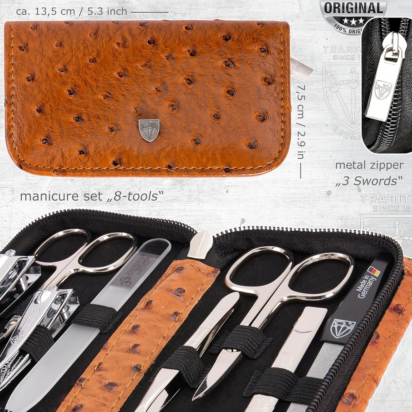 3 Swords Germany - brand quality 8 piece manicure pedicure grooming kit set for professional finger & toe nail care scissors clipper fashion leather case camou in gift box, Made in Germany