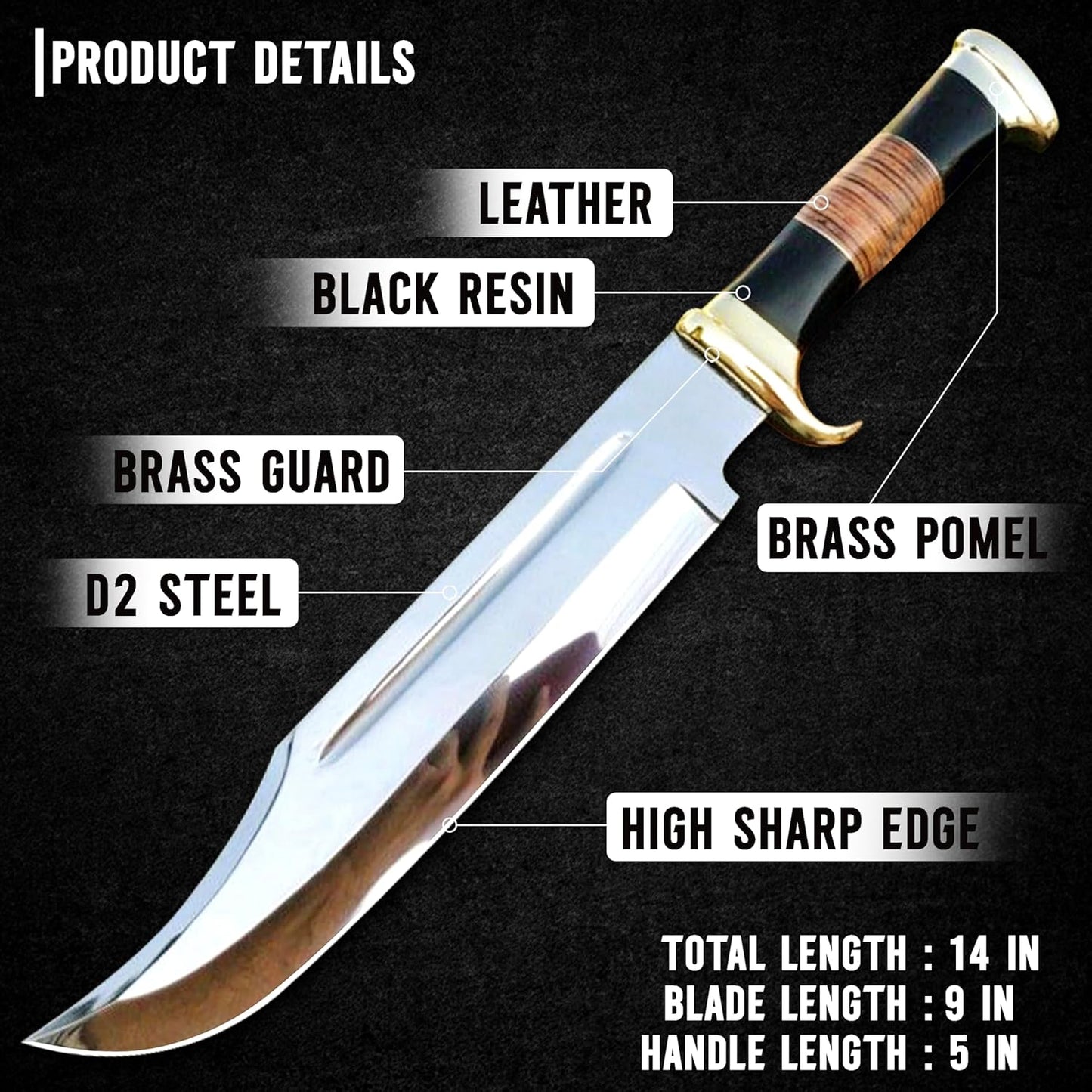 35.5 cm Bowie Fixed Blade Hunting Knife with Sheath, Tactical Survival Knife for Camping, Outdoor, Bushcraft