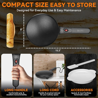 Baker's Friend Crepe Maker Machine with Auto Power Off, Portable Crepe Maker with Non Stick Dipping Plate, Automatic Temperature Control (Graphite)