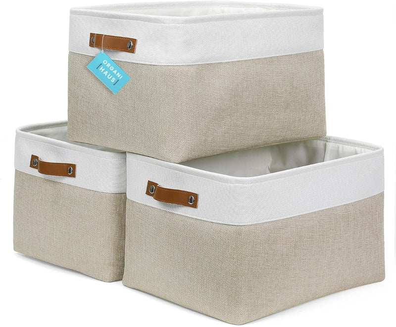 OrganiHaus Large Fabric Storage Baskets for Shelves 3 Pack, 15x11in Closet Storage Bins for Shelves, Cloth Baskets, Fabric Storage Cubes, Linen Closet Organizers, Fabric Basket, White Basket