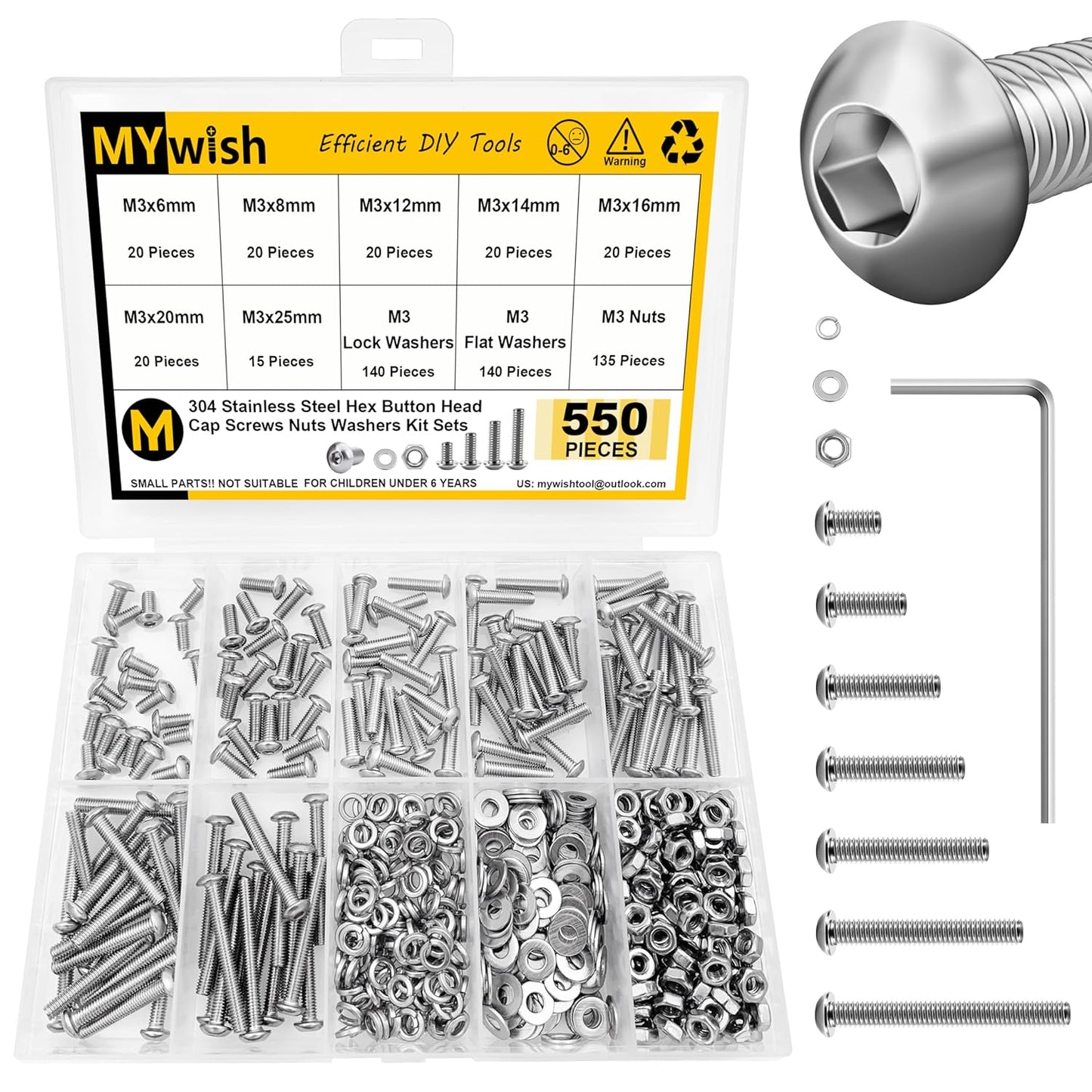 Mywish 900Pcs Metric Screw Assortment, M3 M4 M5 M6 Screw Assortment Kit 304 Stainless Steel Hex Socket Button Head Socket Cap Metric Screws Bolts & Flat Washers/Nuts/Hex Wrenches 16 Sizes 8MM to 20MM