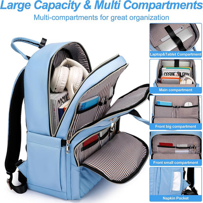 Laptop Backpack for Women Men, Water Resistant Travel Work Backpacks Purse Stylish College Business Teacher Nurse Computer Bag, Fits 17.3" Laptop Light Blue
