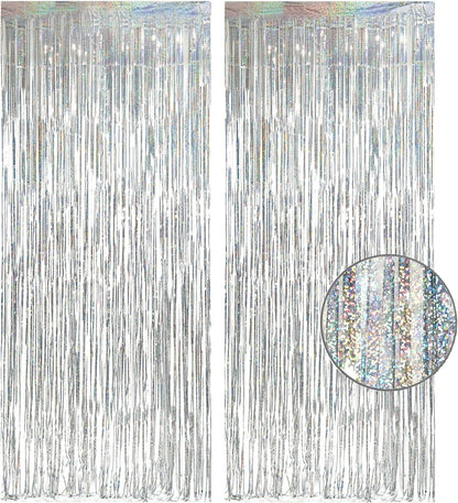 GREATRIL Iridescent Party Tinsel Fringe Backdrop Decorations - Holographic Foil Streamers Curtain for Mermaid/Under The Sea/Frozen/Ocean/Disco/Birthday Themed 3.2ft x 6.5ft - 2 PCS