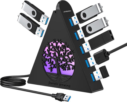 7-Port USB 3.0 Hub with RGB Lighting, Vertical USB Hub Splitter, 5Gbps High-Speed Data Transfer, Plug and Play USB Expansion Hub with 2FT Extension Cable - PuriLite
