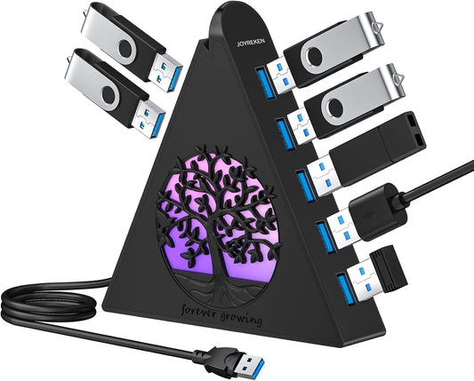 7-Port USB 3.0 Hub with RGB Lighting, Vertical USB Hub Splitter, 5Gbps High-Speed Data Transfer, Plug and Play USB Expansion Hub with 2FT Extension Cable - PuriLite