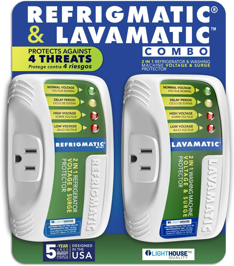 Refrigmatic Two Electronic Voltage & Surge Protector Combo - Protect Refrigerator & Washing Machine Against High & Low Voltage, Brownouts & Spikes