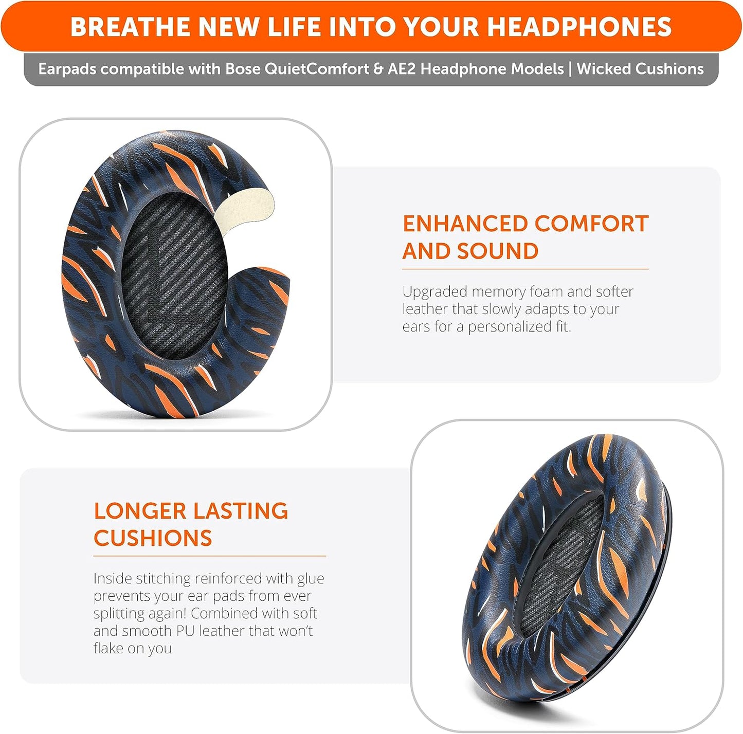 WC Wicked Cushions Upgraded Replacement Ear Pads for Bose QC35 & QC35ii (QuietComfort 35) Headphones & More - Softer Leather, Luxurious Memory Foam, Added Thickness, Extra Durability | Midnight Blue