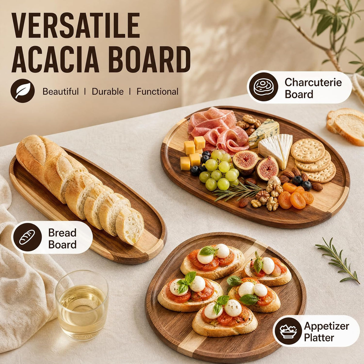 Okllen 5 Pcs Acacia Wood Serving Trays, Irregular Oval Wood Platters (6.3-11.7" L, 5.1-8.2" W), Natural Charcuterie Board for Cheese & Fruit, Rustic Home Decor, Housewarming Gift