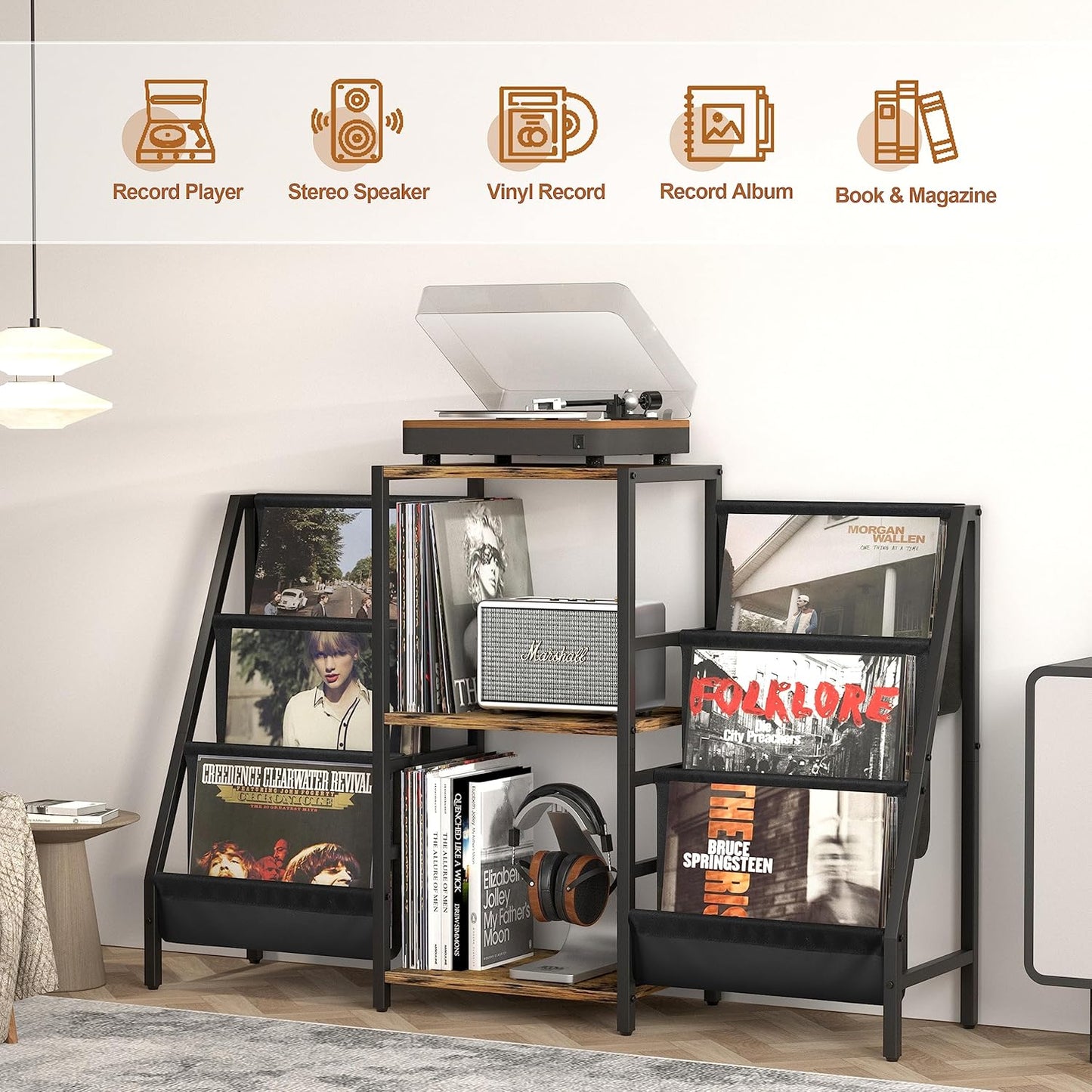 Record Player Stand with Vinyl Storage, Record Player Table with Record Storage 200 Albums, Turntable Stand with Record Holder Vinyl Display Shelf, Record Cabinet Media Stereo (White) - PuriLite