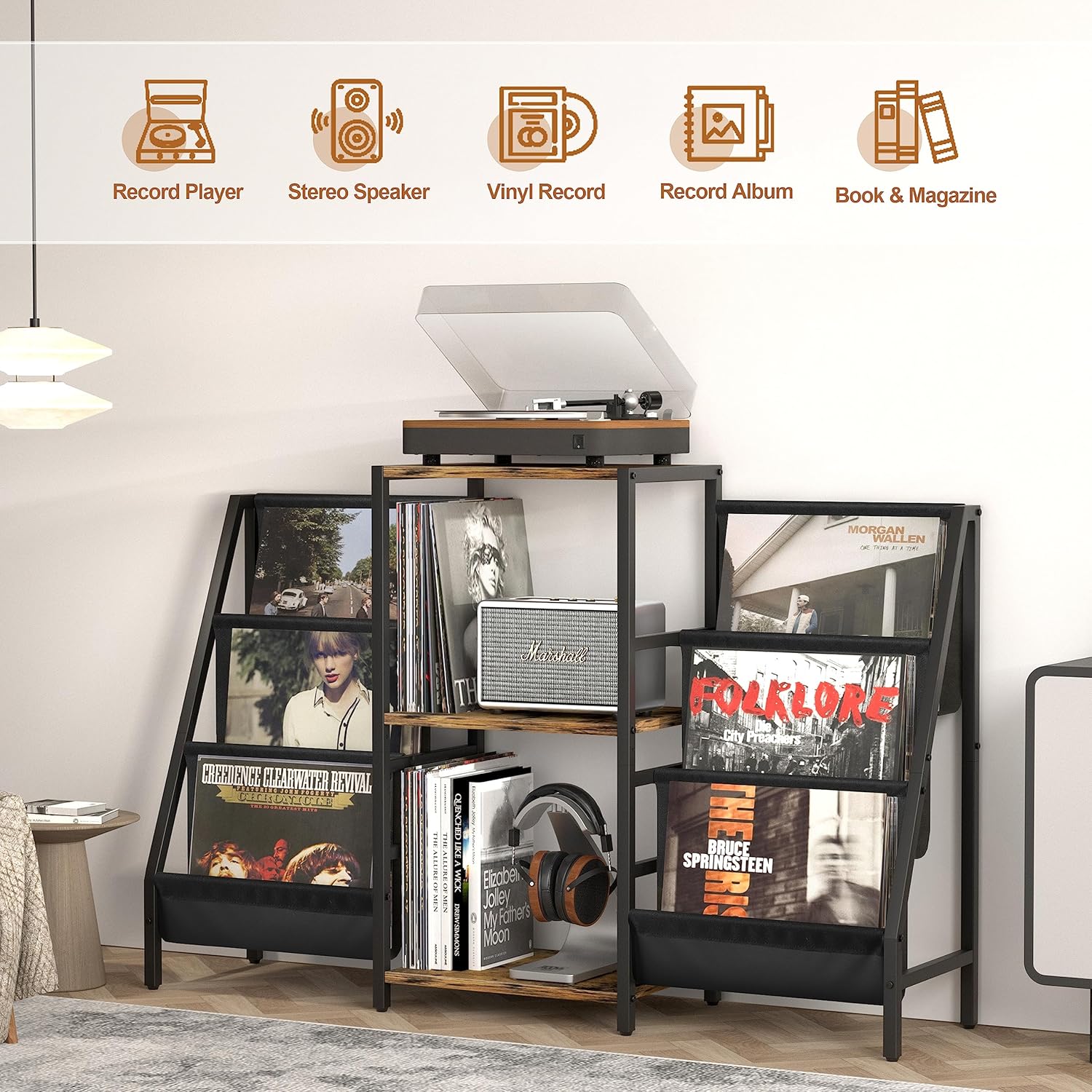 Record Player Stand with Vinyl Storage, Record Player Table with Record Storage 200 Albums, Turntable Stand with Record Holder Vinyl Display Shelf, Record Cabinet Media Stereo (White) - PuriLite