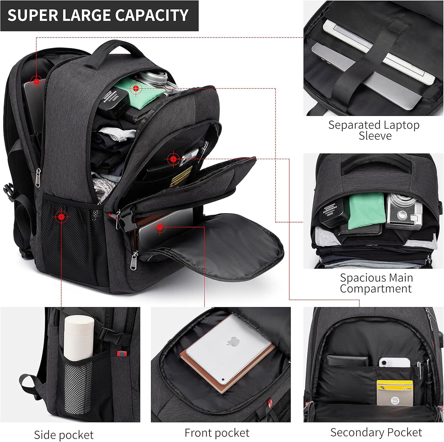 RFID Cafele Laptop Backpack Travel Computer Backpack College Bookbag School Backpack with USB Charging Port