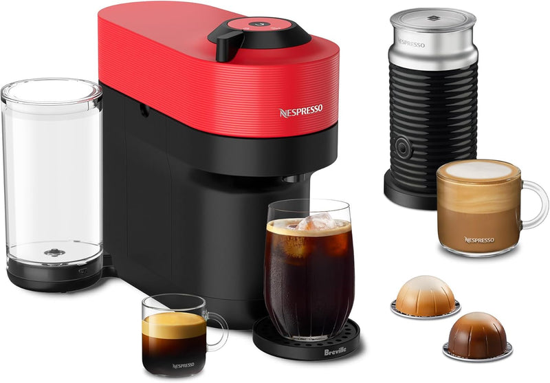 Nespresso Vertuo Pop+ Coffee and Espresso Machine by Breville with Aeroccino Milk Frother - Spicy Red