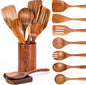 Mooues 9 PCS Wooden Spoons for Cooking, Wooden Utensils for Cooking with Utensils Holder, Natural Teak Wooden Kitchen Utensils Set with Spoon Rest, Comfort Grip Cooking Utensils Set for Kitchen
