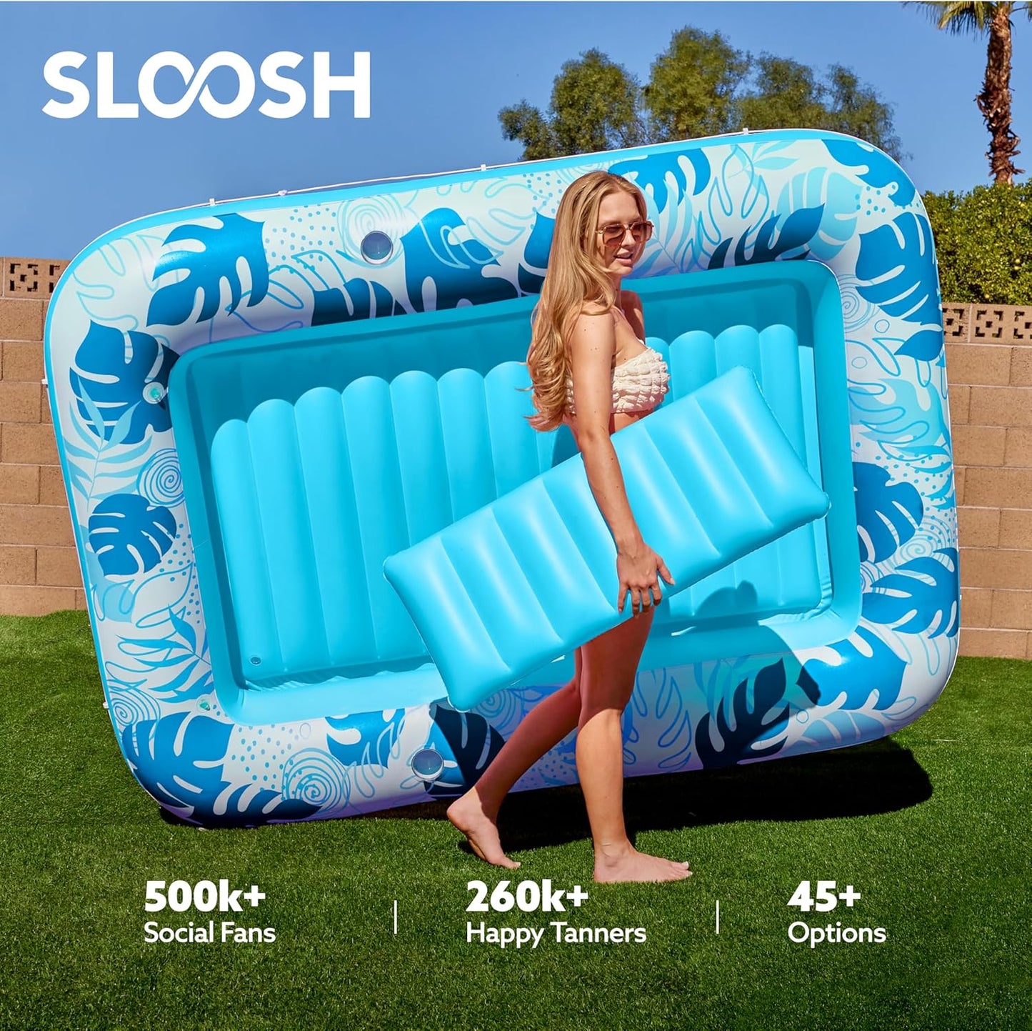 Sloosh Inflatable Tanning Pool Lounger Float-XL, 85" x 57" Extra Large Suntan Sun Tan tub for Adults, Bed Blow up, Raft Lounge Floatie, XL-Blue
