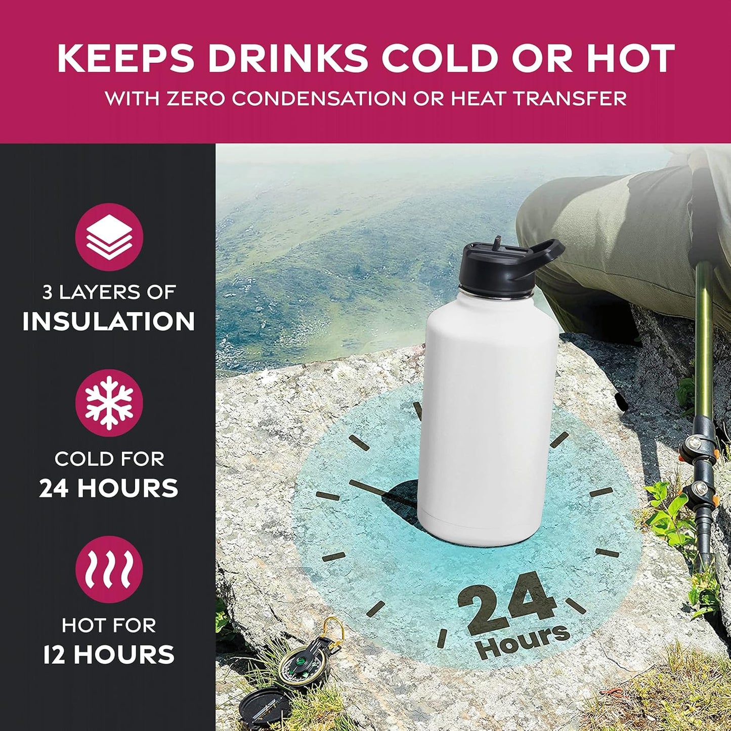 FineDine Water Bottle - Stainless Steel Insulated Water Bottle with Straw Lid, Flip Lid & Wide-Mouth Cap - Keeps Hot and Cold - 25 Oz / 739ml - Pure Pearly White