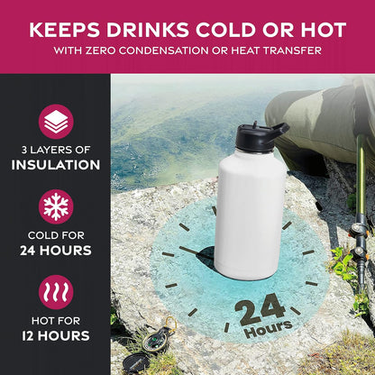FineDine Water Bottle - Stainless Steel Insulated Water Bottle with Straw Lid, Flip Lid & Wide-Mouth Cap - Keeps Hot and Cold - 25 Oz / 739ml - Pure Pearly White