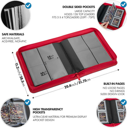 FunGuys Toploader Binder, Trading Card Binder Storage,128 4 Pocket Top Loader Pokemon Binder, Card Collection Yugioh Cards, MTG, TCG, Folders for Trading Cards