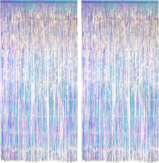 GREATRIL Iridescent Party Tinsel Fringe Backdrop Decorations - Holographic Foil Streamers Curtain for Mermaid/Under The Sea/Frozen/Ocean/Disco/Birthday Themed 3.2ft x 6.5ft - 2 PCS