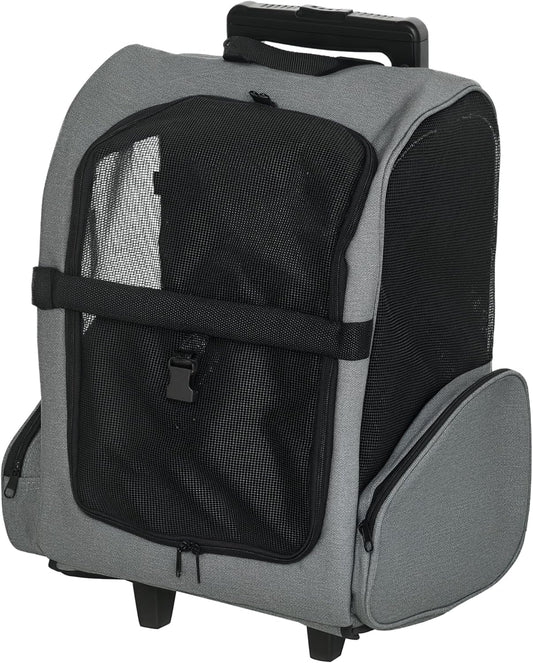 PawHut 2-in-1 Pet Luggage Box Backpack Carrier Cats Dogs w/Handle, Rolling Wheel Grey