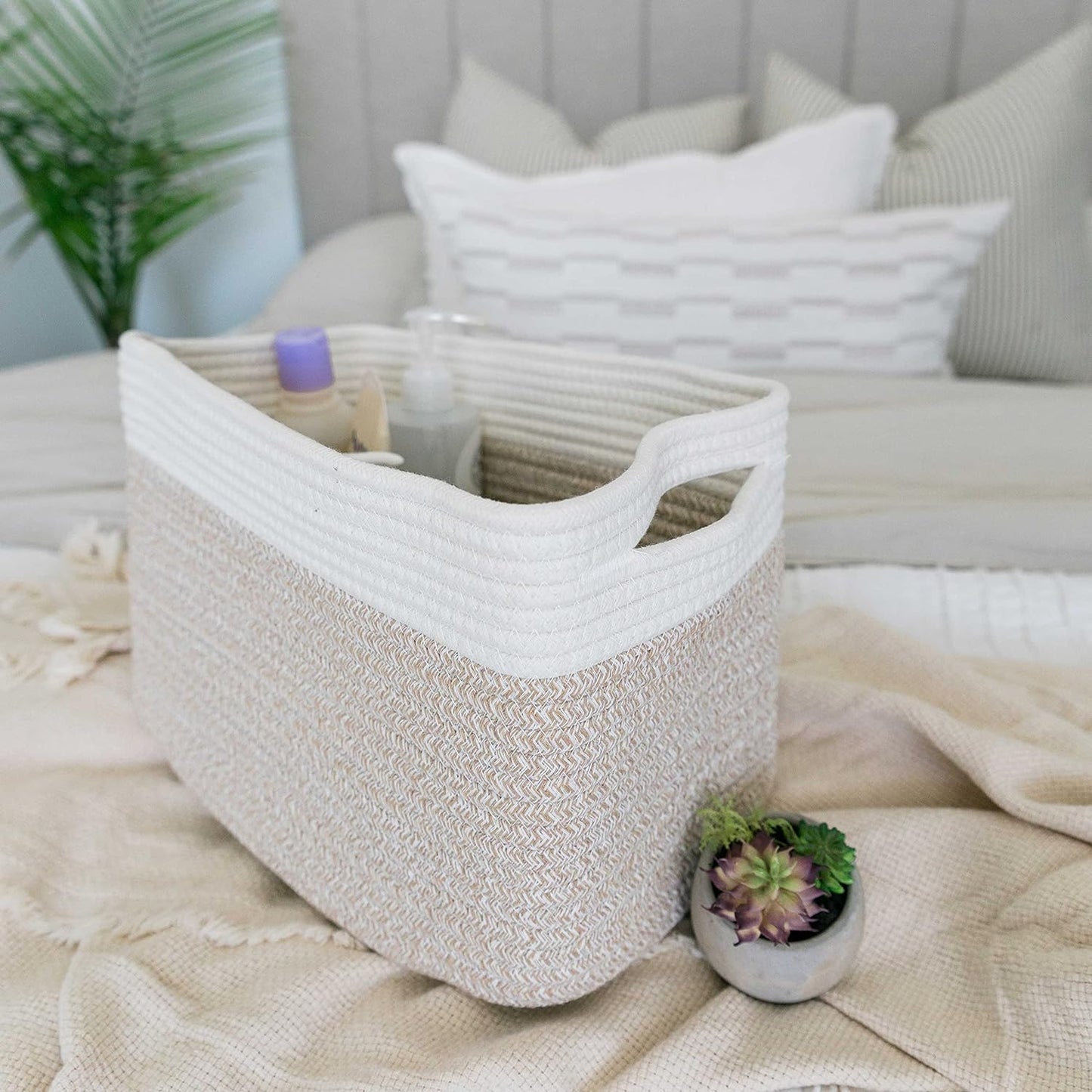 OrganiHaus Soft Woven Baskets for Storage Organization Set of 3, Cotton Rope Nursery Storage Baskets for Shelves, Square Book Bins, Bathroom Towel Hamper, Dog Toy Bins, Panier Rangement - Light Honey