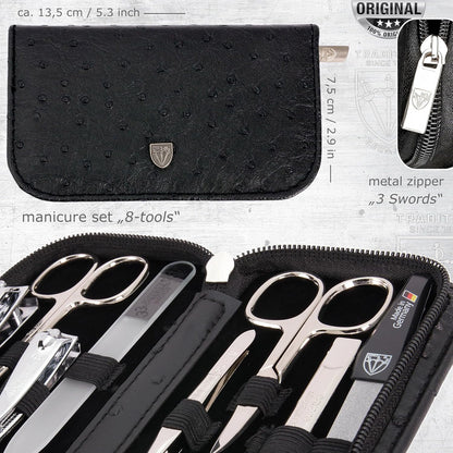 3 Swords Germany - brand quality 8 piece manicure pedicure grooming kit set for professional finger & toe nail care scissors clipper fashion leather case camou in gift box, Made in Germany