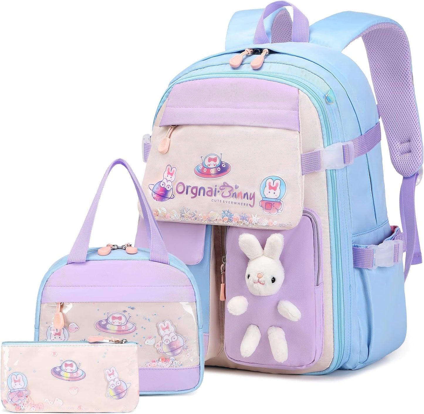FIXITOK Girls Backpack Set, 3PCS Kids Backpack for Girls, Kawaii Bunny School Backpacks for Girl Kindergarten Elementary Preschool Middle School Bags with Lunch Box Pencil Case Aquamarine