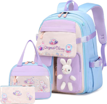 FIXITOK Girls Backpack Set, 3PCS Kids Backpack for Girls, Kawaii Bunny School Backpacks for Girl Kindergarten Elementary Preschool Middle School Bags with Lunch Box Pencil Case Aquamarine