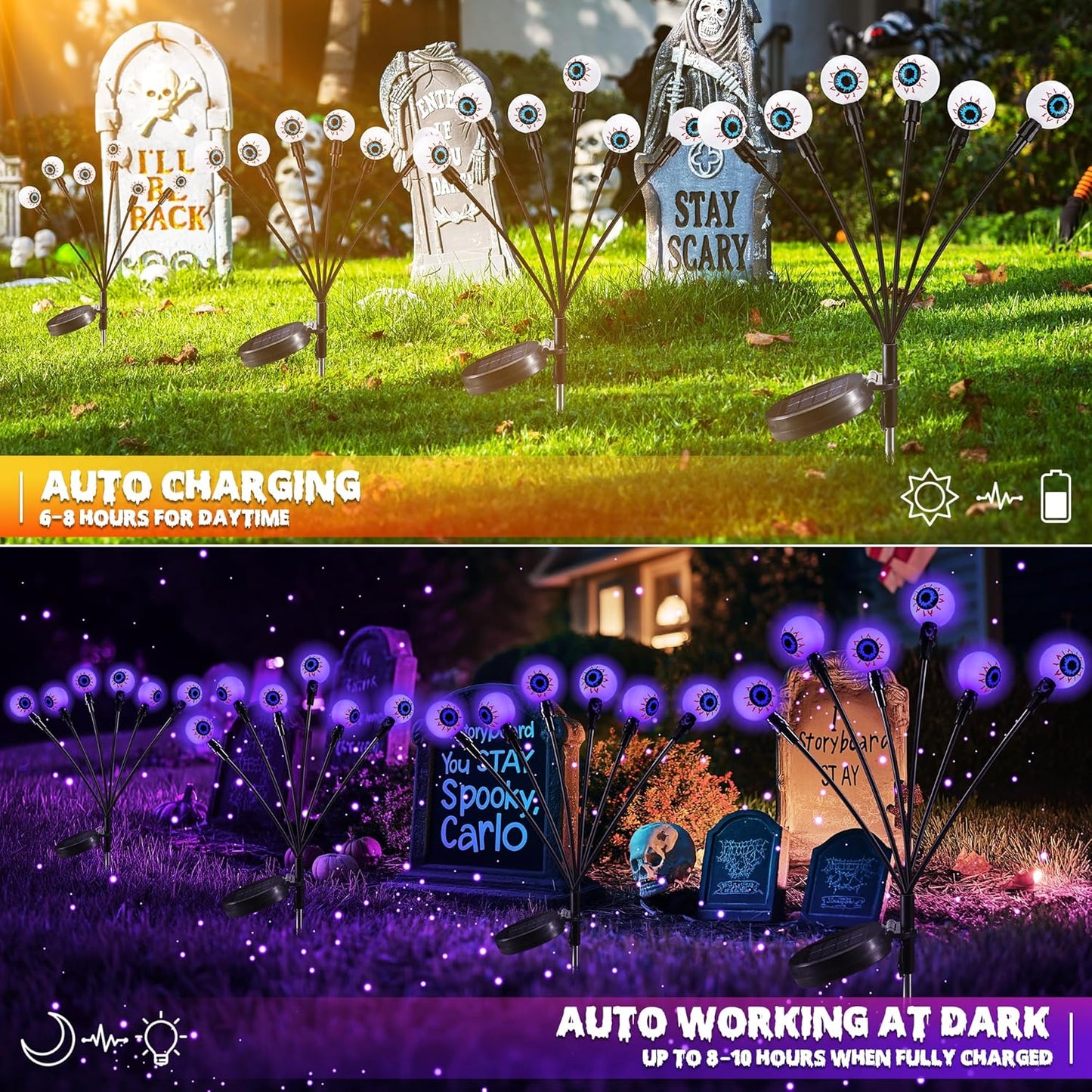 iBaycon 2 Pack 12 LED Solar Eyeball Lights, Halloween Decorations Firefly Lights Outdoor Waterproof, 2 Modes Solar Powered Swaying Light for Yard Garden Landscape Decor (Purple)