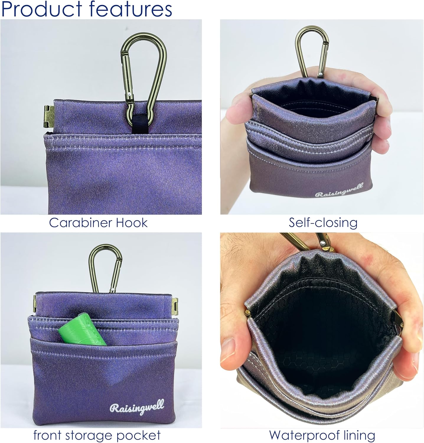 Raisingwell Dog Treat Pouch, Black Pocket Sized Pet Training Pouch, Cotton Fabric, Hand Free Dog Walking Bag with Carabiner, Self-Closing Pet Feed Snack Reward, for Pet Puppy Travel or Outdoor Use