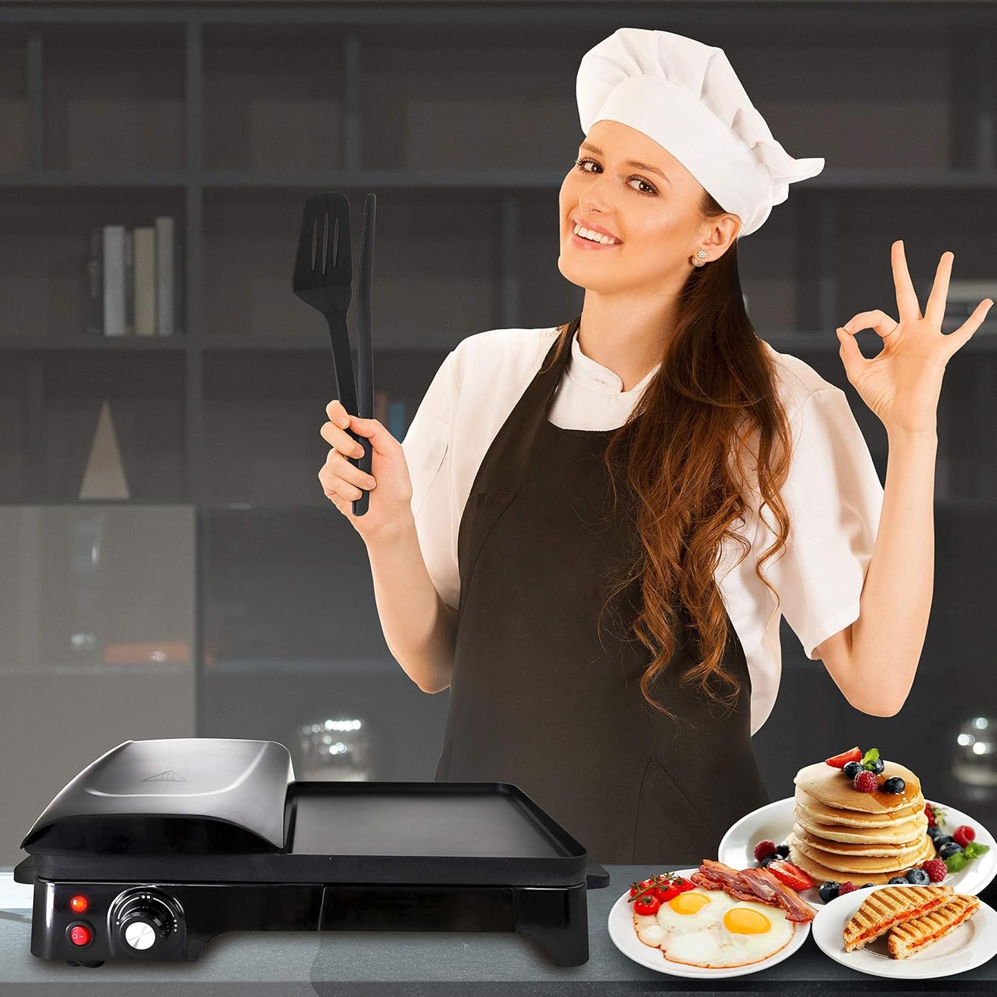 NutriChef Electric Griddle - Dual Hot Plate Cooktop Crepe Maker with Press Grill, Nonstick Coating, Rotary Temperature Control, Plug-in Operation & Oil Tray for Kitchen & Countertop (PKGRIL43)