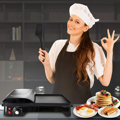 NutriChef Electric Griddle - Dual Hot Plate Cooktop Crepe Maker with Press Grill, Nonstick Coating, Rotary Temperature Control, Plug-in Operation & Oil Tray for Kitchen & Countertop (PKGRIL43)