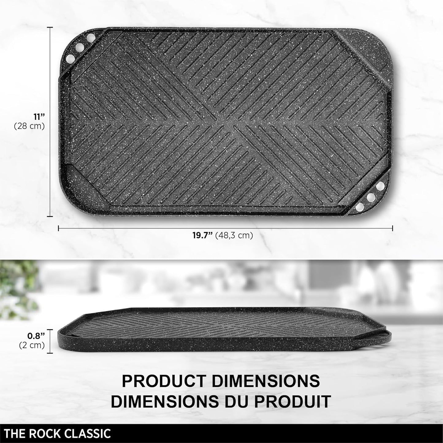 Starfrit The Rock 50x28cm (19.7" x 11") Non-Stick Reversible Grill & Griddle - Durable Forged Aluminum - Oven Safe - PFOA Free - Easy to Clean - Black