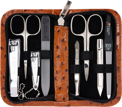 3 Swords Germany - brand quality 8 piece manicure pedicure grooming kit set for professional finger & toe nail care scissors clipper fashion leather case camou in gift box, Made in Germany