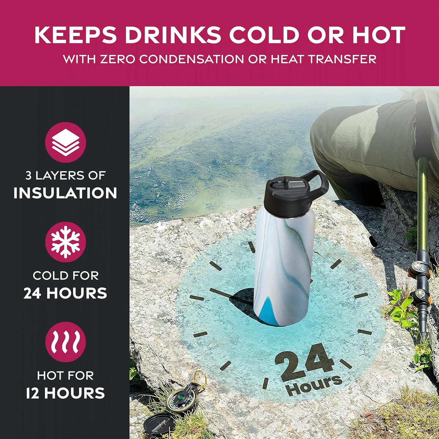 FineDine Water Bottle - Stainless Steel Insulated Water Bottle with Straw Lid, Flip Lid & Wide-Mouth Cap - Keeps Hot and Cold - 25 Oz / 739ml - Pure Pearly White