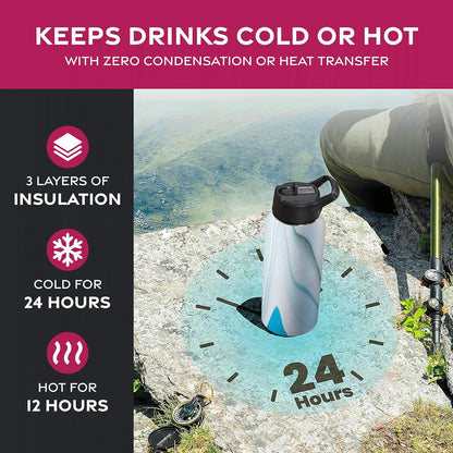FineDine Water Bottle - Stainless Steel Insulated Water Bottle with Straw Lid, Flip Lid & Wide-Mouth Cap - Keeps Hot and Cold - 25 Oz / 739ml - Pure Pearly White