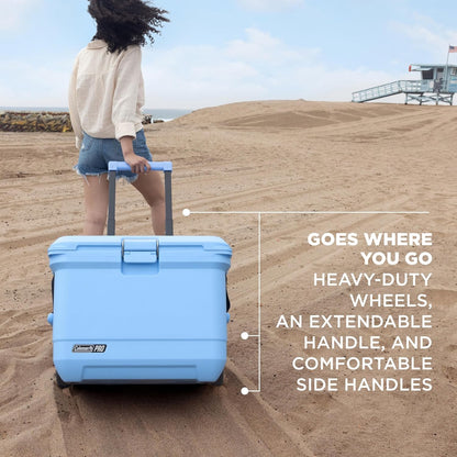 Coleman Pro Heavy-Duty Ultra-Light Premium Hard Cooler, 92/74/36-Can Capacity, Extra-Thick Insulation Keeps Ice up to 5/4/3 Days, 55-Quart Wheeled Cooler or 45/25 qt (No Wheels), Blue Sky